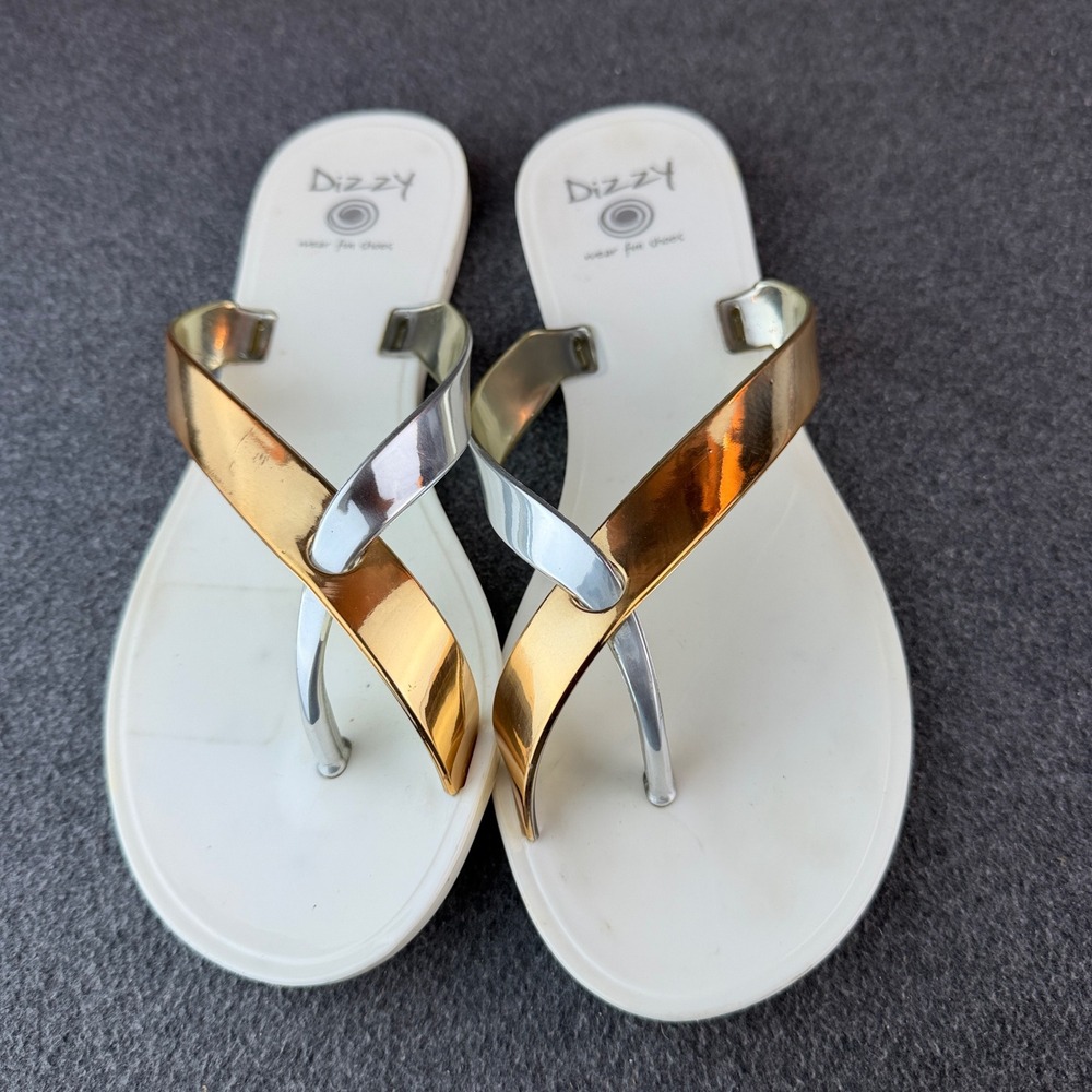 Dizzy Womens 7 Gold Silver Metallic Jelly Thong Sandals White Flat Summer‎